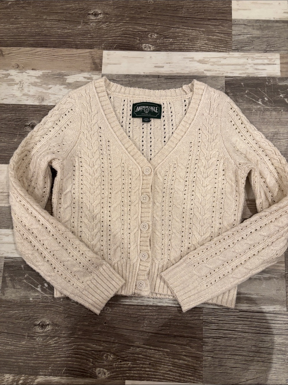 American Eagle Outfitters Cream Cable Knit V-Neck Button Cardigan